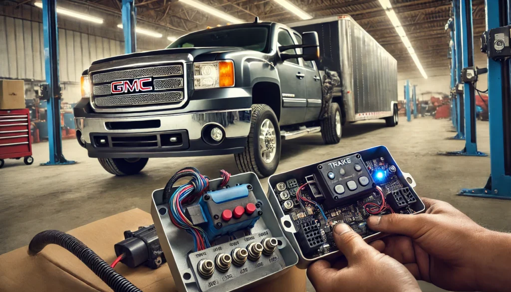 Mechanic inspecting the trailer brake system of a 2012 GMC vehicle.