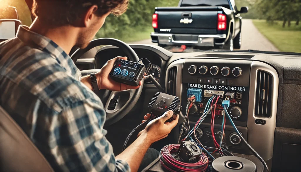 A person inspecting the trailer brake controller and wiring inside a Chevy truck with the trailer connection visible.