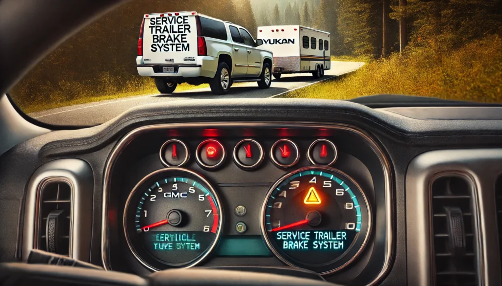Dashboard of a 2015 GMC Yukon showing the "Service Trailer Brake System" warning light with a trailer in the background.